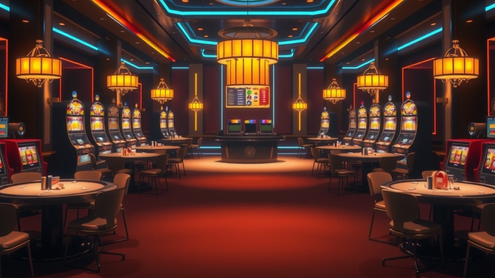 Diwa OK casino floor at night with marigold lamplight over rummy tables and slot cabinets